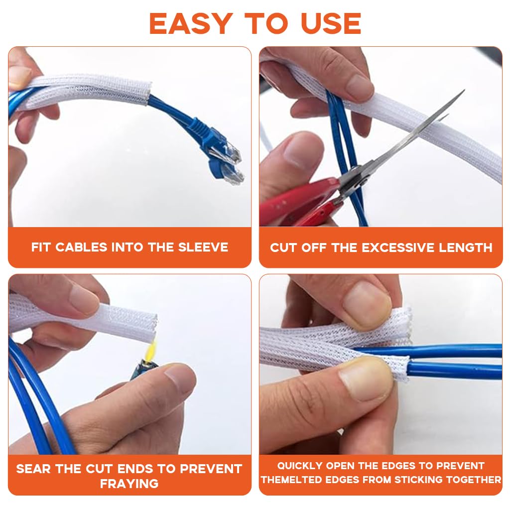 Supvox Cord Protector Wire Loom Tubing for Home and Office Cable Management 6.6ft | Self-Closing Polyester Sleeve White