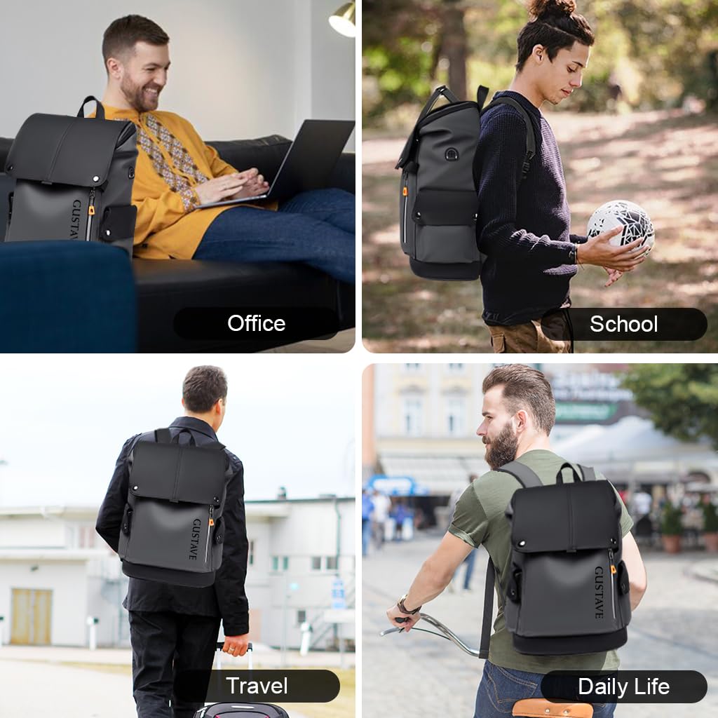 GUSTAVE Leather Backpack for Men with USB & Earphone Ports 15.6 Inch Waterproof Laptop Bag | Dark Gray Business and College Use