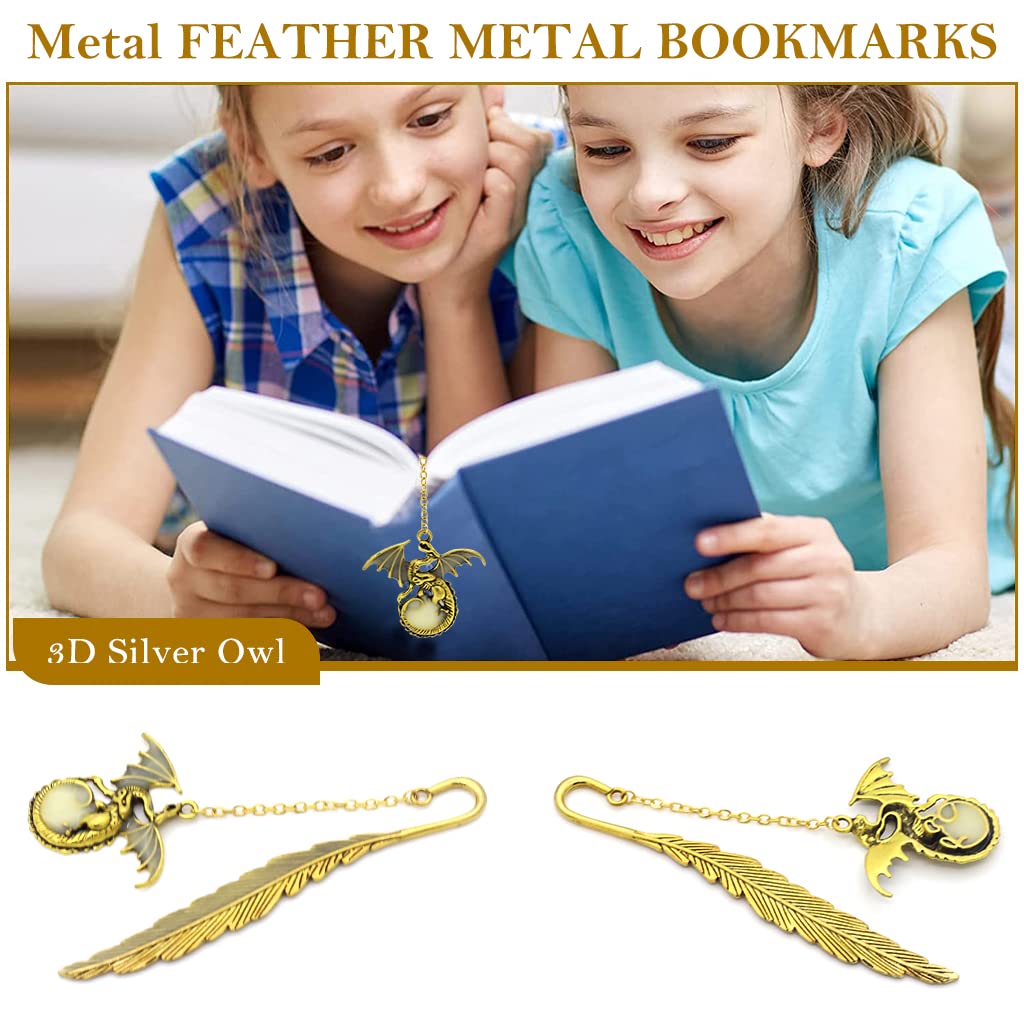 HASTHIP® Metal Feather Bookmark Glow in The Dark, Vintage 3D Golden Dragon Bookmark for Reading Enthusiasts and Gifting, Bookmark Gift for Teachers Women Student, Mothers Day, Christmas Gifts