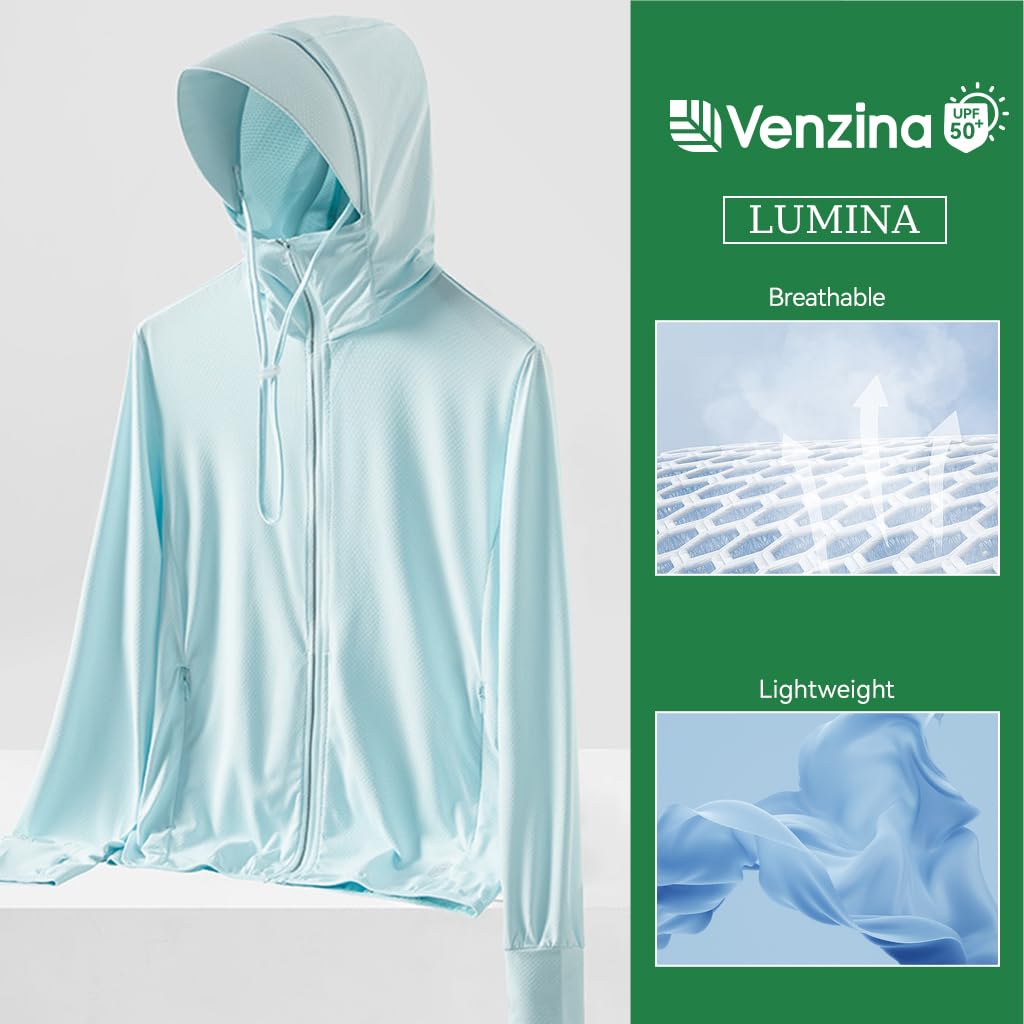 Venzina Women’s UPF 50+ Sun Protection Jacket for Hiking with Detachable Brim Hood | Lightweight Blue UV Hoodie Featuring Thumbholes and Zip Pockets