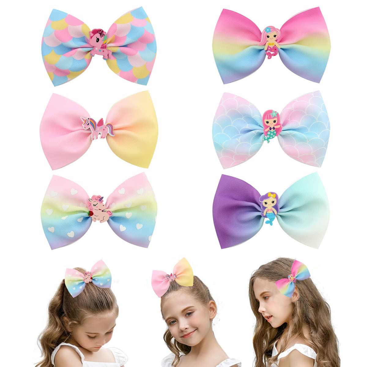 MAYCREATE Hair Clips Set for Girls with Alligator Bow Design 6 Pcs | Rainbow Unicorn Mermaid Styles