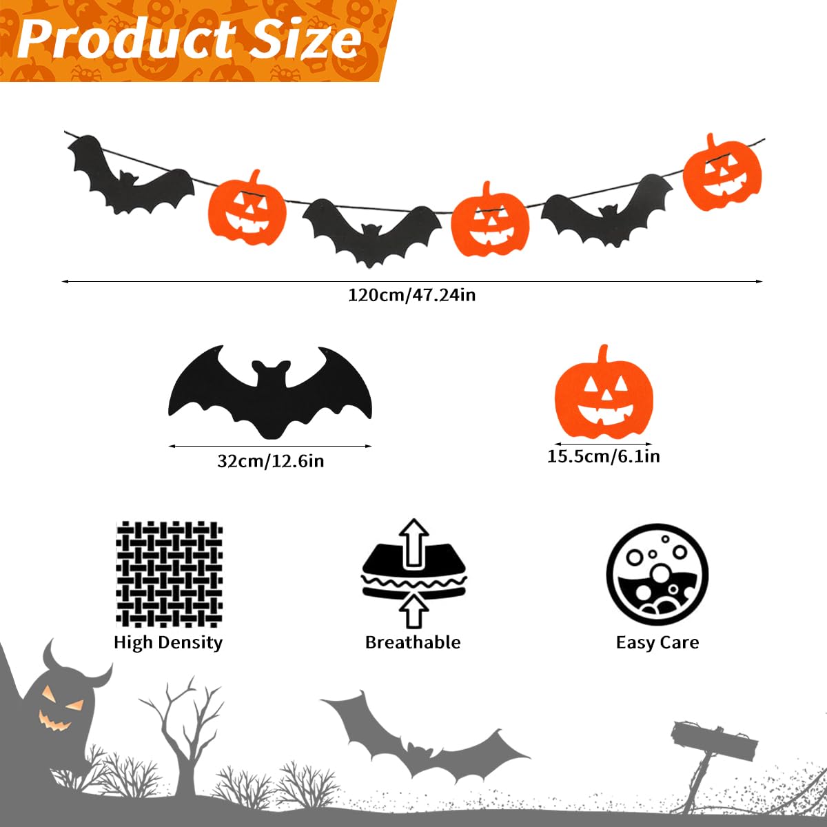 HASTHIP Halloween Decoration for Home and Party with 2PCS Felt Pumpkin & Bat Garlands | Reusable Wall and Window Hanging Decor