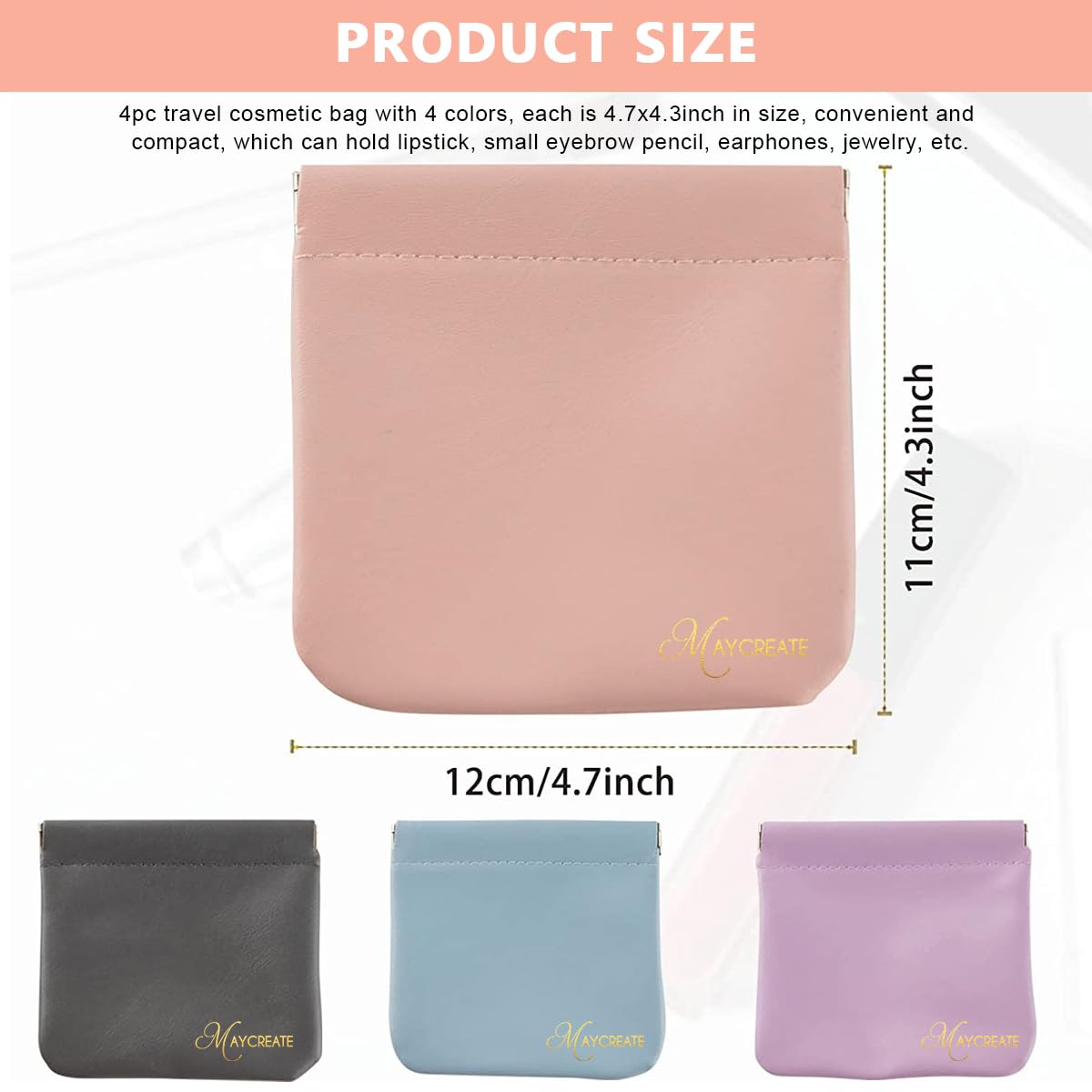 MAYCREATE® 4 Pack Mini Makeup Bag Small Pouches For Women Pu Cosmetic Bag Squeeze Top Pocket Storage Pouch For Coin Purse Lipstick Jewelry Accessories (Self-Closing, 4.3X4.7In), Assorted