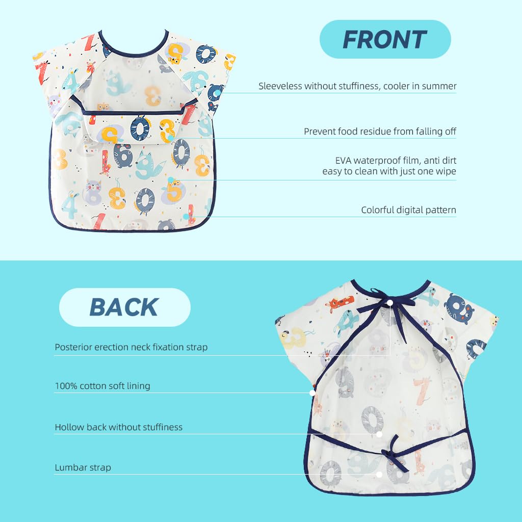 SNOWIE SOFT Sleeveless Baby Bib with Pocket Summer Toddler Bib Washable and Lightweight Waterproof EVA Baby Bib Tie Back Cartoon Print Toddler Bibs for Baby 6-24 Months