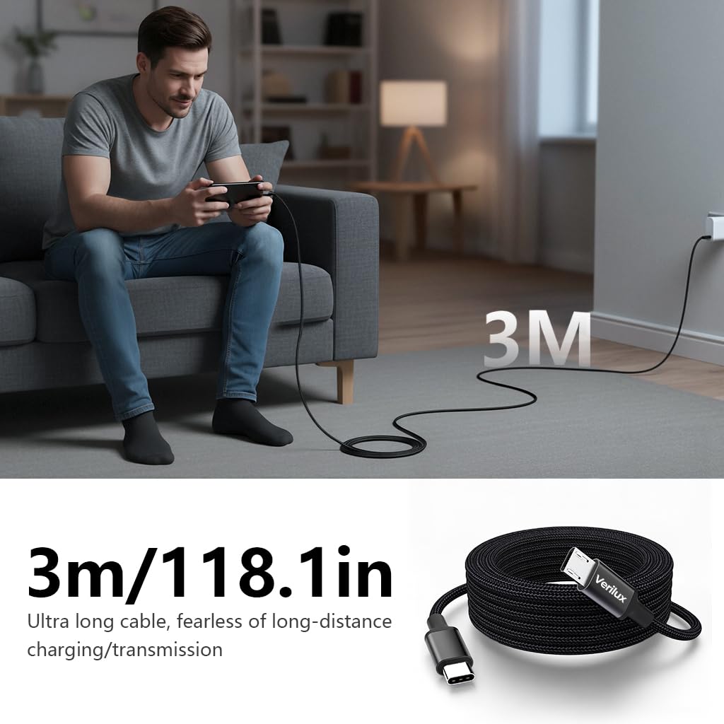 Verilux Type C to Micro USB Cable for Fast Charging with 9.8 ft Length and Nylon Braided Design