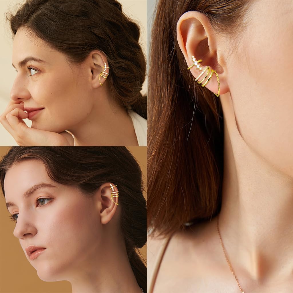 SANNIDHI Ear Cuff Earrings for Women featuring 3 Pairs Gold Cubic Zirconia Non Piercing Set | Hypoallergenic Gift Jewelry
