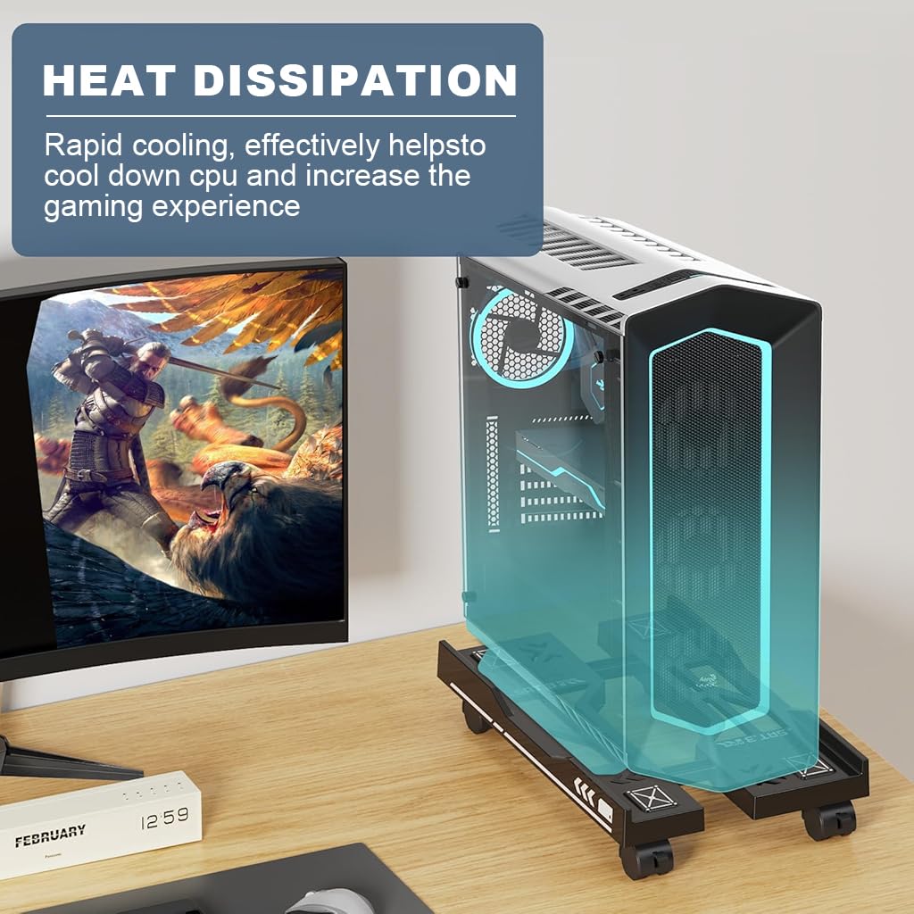 ZORBES Adjustable Computer Tower Stand for Floor with 4 Locking Wheels and 19.5–29 cm Width | Cutout Heat Dissipation Design