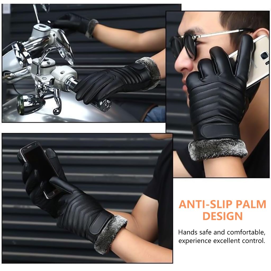 PROBEROS Winter Gloves for Men with Touchscreen Tips and Anti Slip Palm | PU Leather Thermal Liner