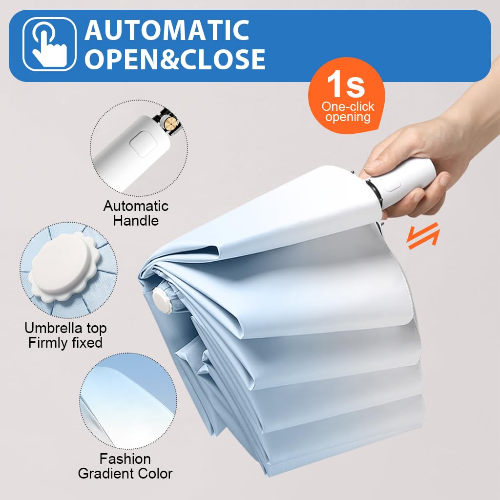Venzina Sun Umbrella for Travel and Outdoor Use with UPF 50+ Protection | Automatic One Touch Design and Fiberglass Ribs in Gradient Light Blue