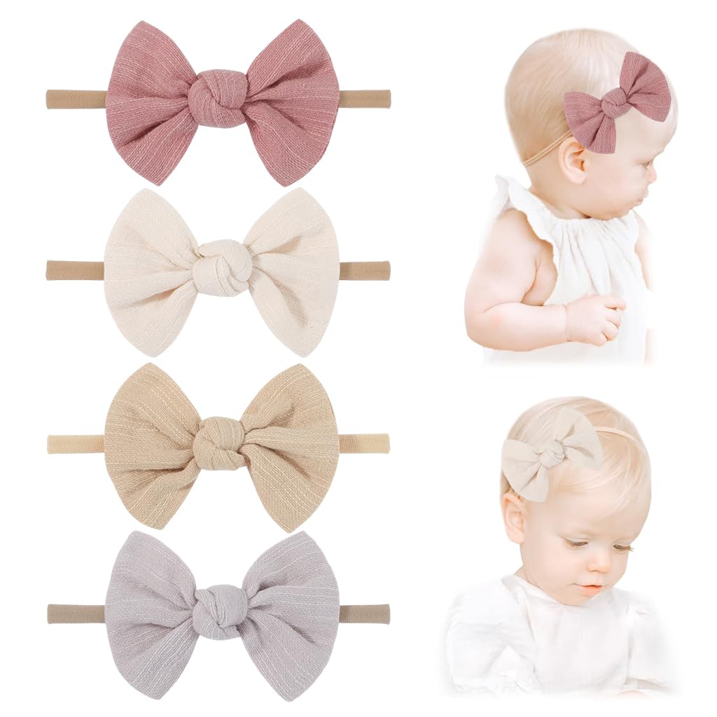 PALAY® 4Pcs Bow Headband for Baby Girl Elastic Hair Bands for Babies Soft Cute New Born Baby Hair Band for Baby Girls, Newborn, Infant, Toddler Shower Gift