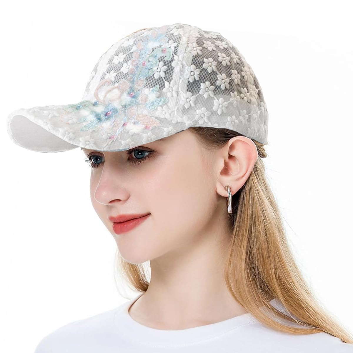 PALAY® Lace Cap for Women Summer Flower Embroidery Women Cap Fashion Baseball Cap for Girls Pearl Decor Casual Hat Breathable Lightweight Golf Sport Cap