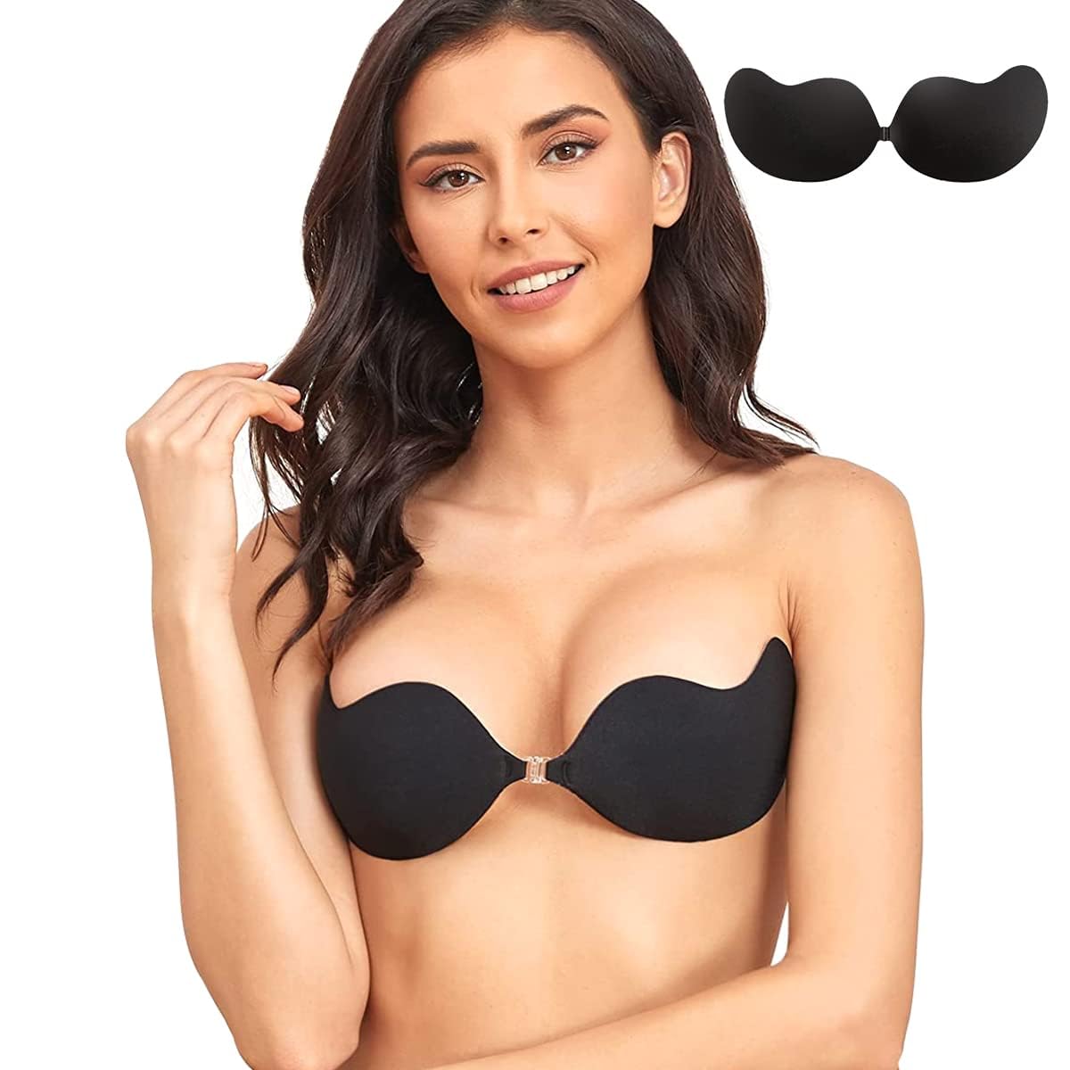 MAYCREATE Stick On Bra for Backless Dresses with Quick Hook Design | Silicone Black D Cup