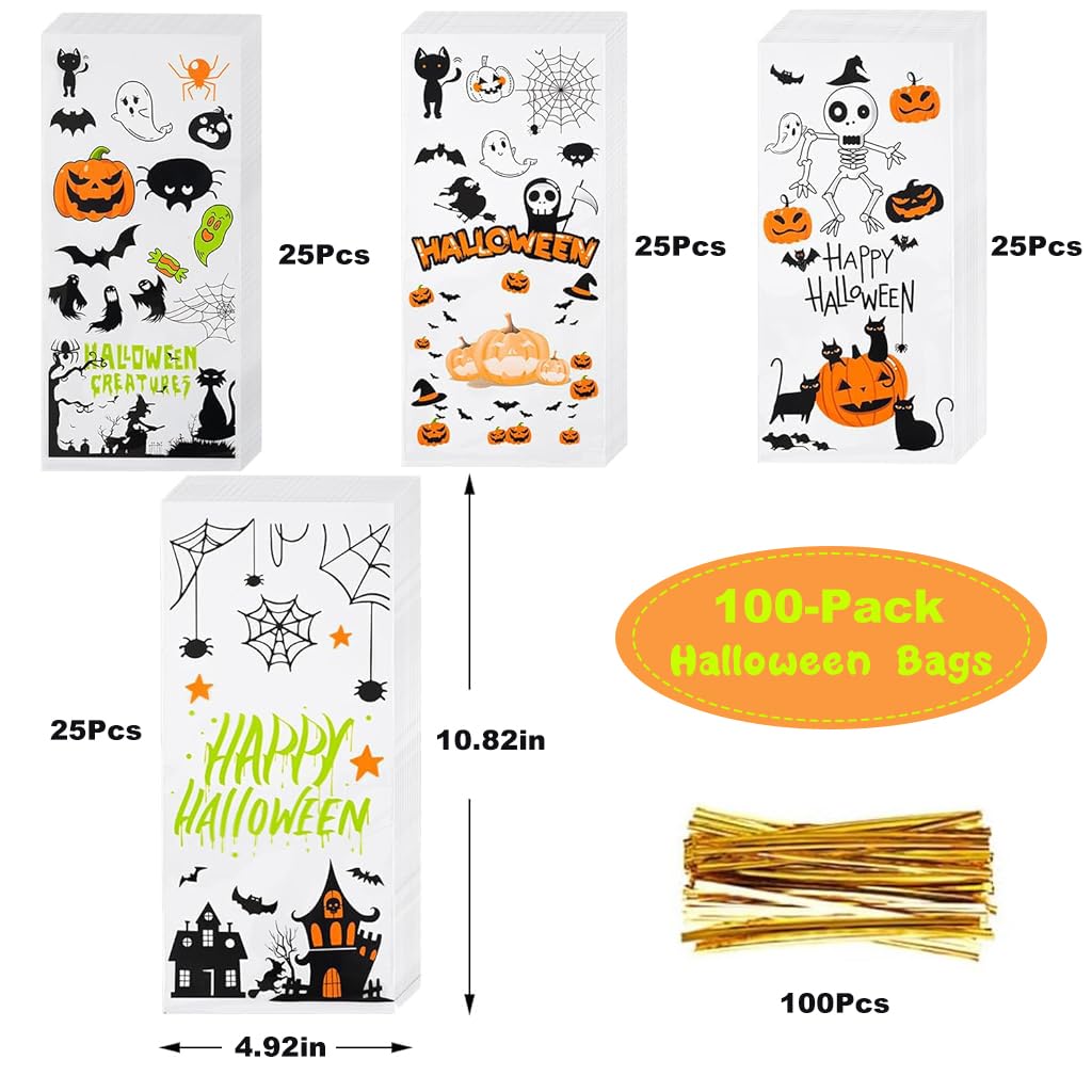 HASTHIP Halloween Goodie Bags for Party Treats featuring 100 Pack 5.1×10.6 in Size with Golden Twist Ties