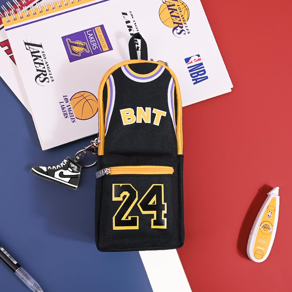 Climberty Pencil Case for Students with Sneaker Keyring Charm and 10x8x21cm Capacity | Black Cotton Pouch