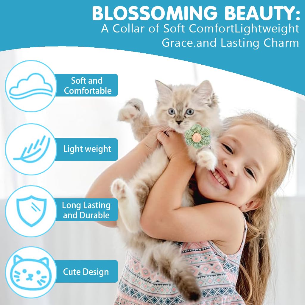 Qpets Cat Collar with Bell featuring Quick Release Buckle and Adjustable 19–32cm Fit | Soft Blue Plush with Crochet Flower