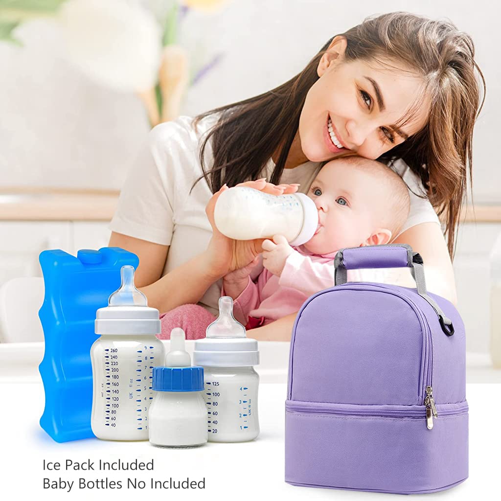 ZIBUYU® Breastmilk Storage Bag with Ice Pack, Double Layer Breastmilk Warmer Insulated Bag with Strap, Fits 6 Ounces Bottles, Waterproof Breast Mommy Diaper Backpack Bento Box Backpack, Purple