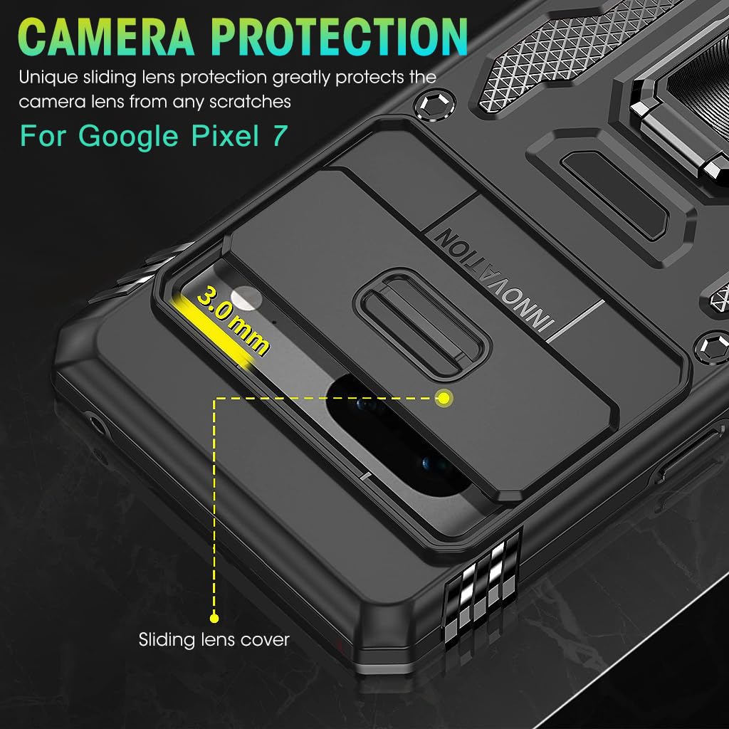 ZORBES Phone Case for Google Pixel 7 with 360° Ring Stand and Sliding Camera Cover Black