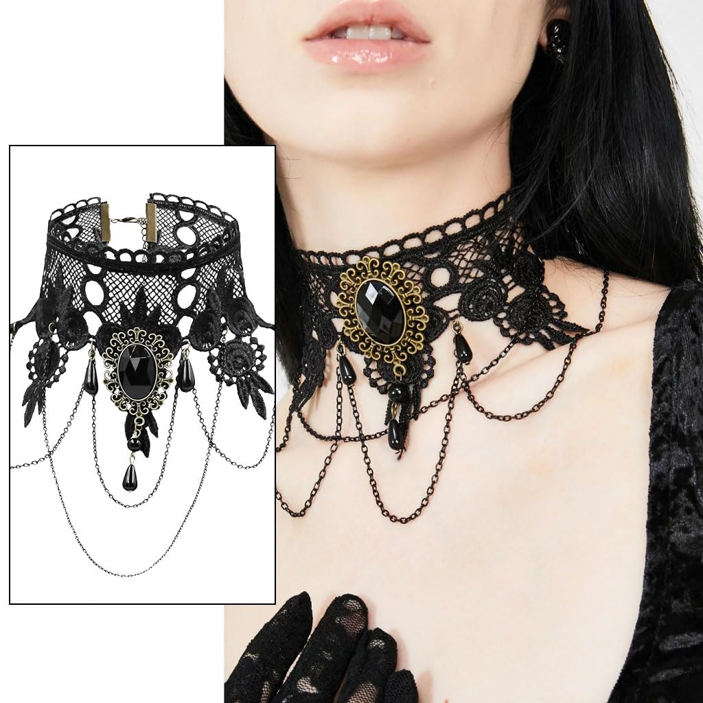 Zibuyu Lace Choker Necklace for Parties with Rhinestone Tassel and Alloy Lace Design