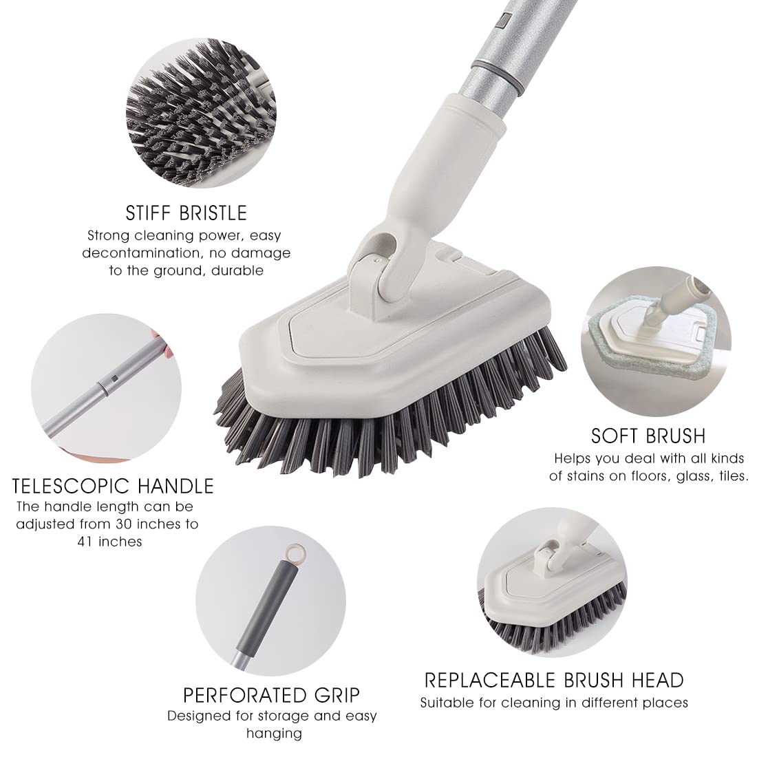 HASTHIP Bathroom Cleaning Brush with 39 in Extendable Handle and 180° Rotating Head for Shower & Floor Cleaning | Includes Soft and Scrub Brush