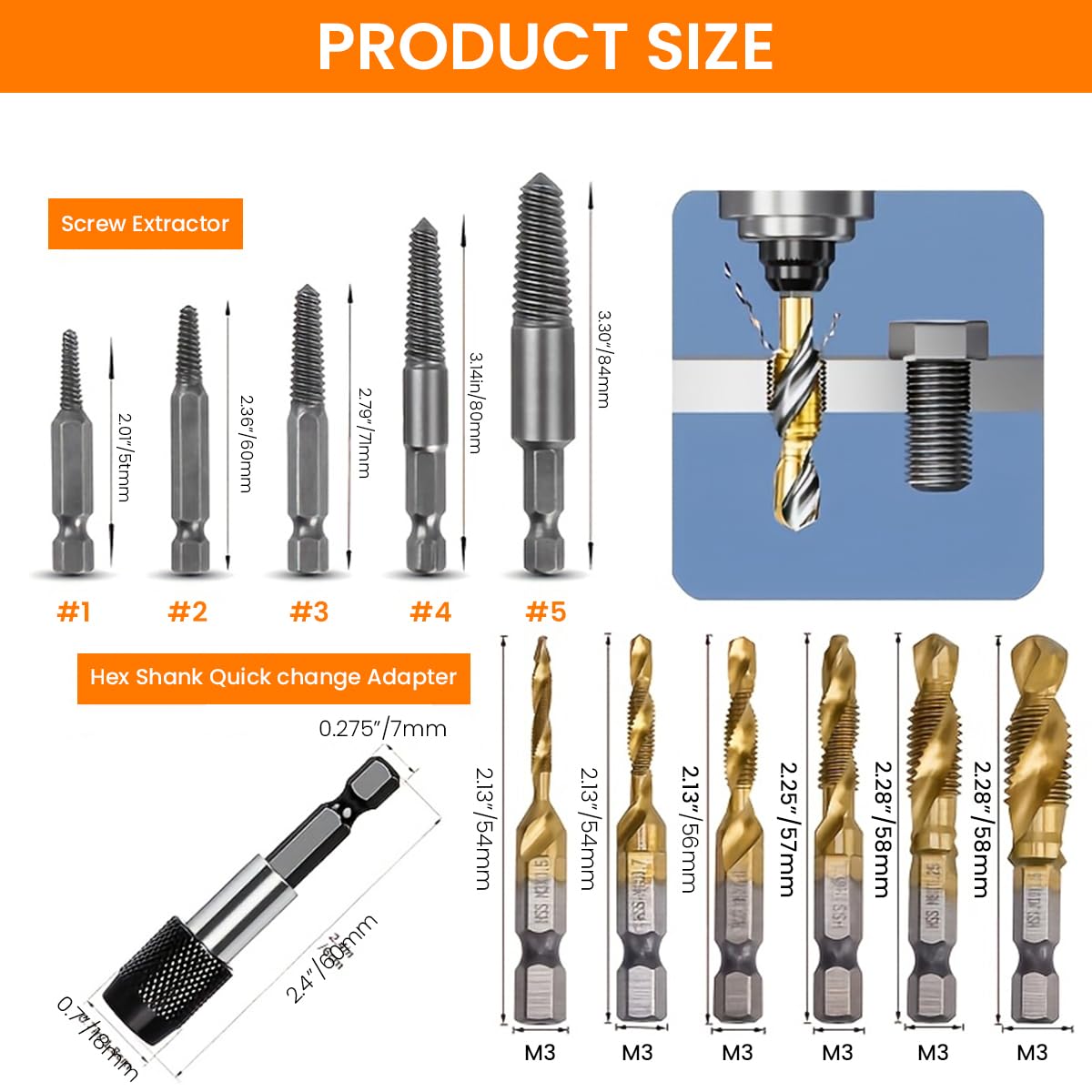 Serplex Drill Bit Set for Wood Metal and Plastic with 33 pcs M3–M10 Extractors | High Speed Steel 1/4 Inch Hex Shank