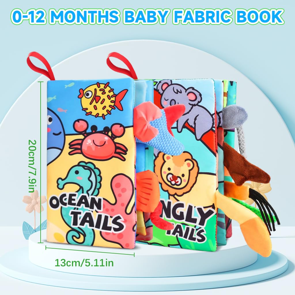 SNOWIE SOFT 2Pcs Cloth Book for Baby Fun Animal Tail Cloth Books for 6-12 Months Built in Sound Device Sensory Cloth Books Travel Baby Play Books Interactive Cloth Books Baby Gift Shower Gift