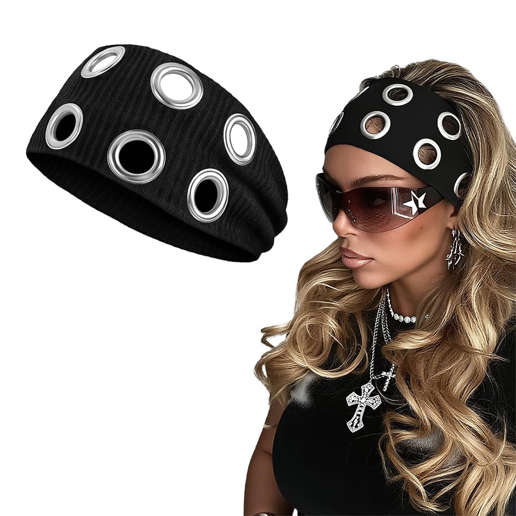 SANNIDHI Hairband for Women with Metal Eyelets and Stretchy Ribbed Fabric | Black Wide Punk Headpiece