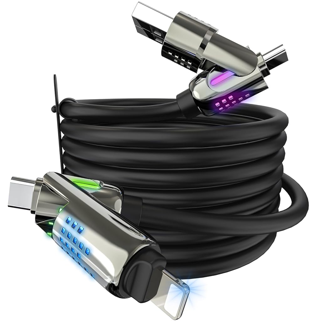 ZORBES® 3.94ft TYPE C To TYPE C Cable for iPhone 15 4 in 1 240W PD Fast Charging Cable with RGB Indicator USB to USB C Cable Light-ning to TYPE C Cable Data Cable for Phone, Tablet, PC, Black