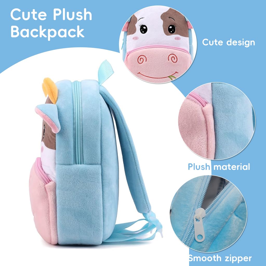 Climberty Toddler Backpack for Kids with Dual Zipper Compartments 24x7x27cm | Soft Plush Cattle Design