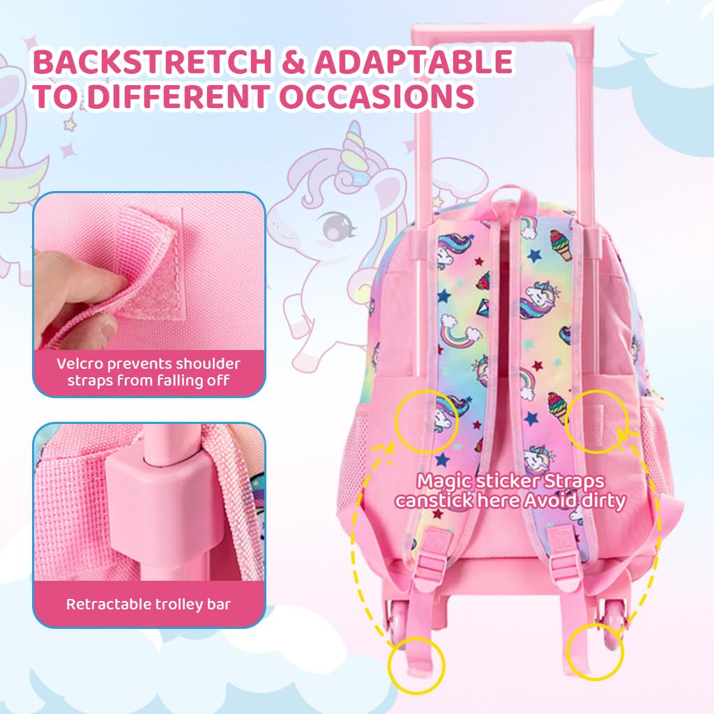 Climberty Unicorn Rolling Backpack Set for School with Retractable Handle and 3 Pieces | Pink Sequin Design for Girls
