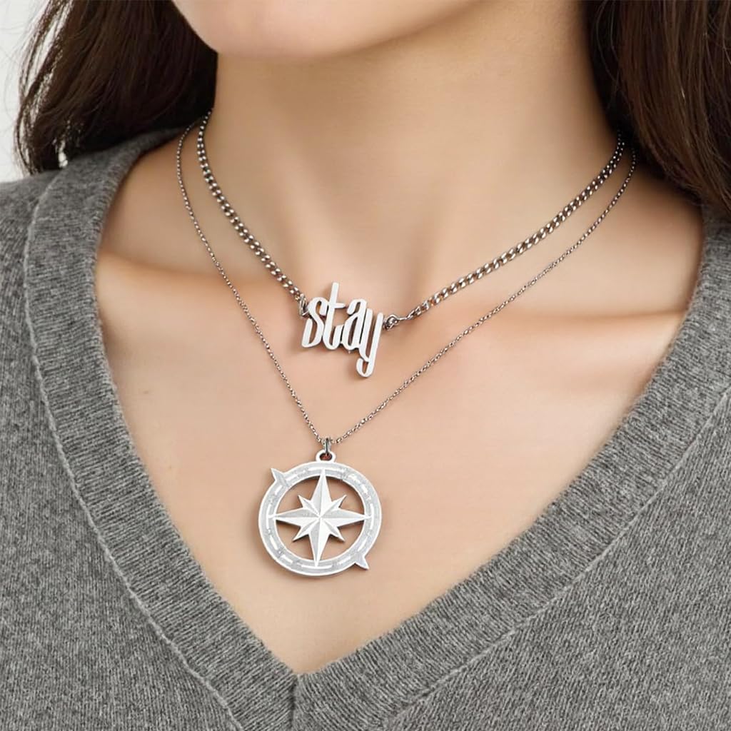 SANNIDHI Stray Kids Necklace Set for Fans with Stay and Compass Pendants | Silver Jewelry