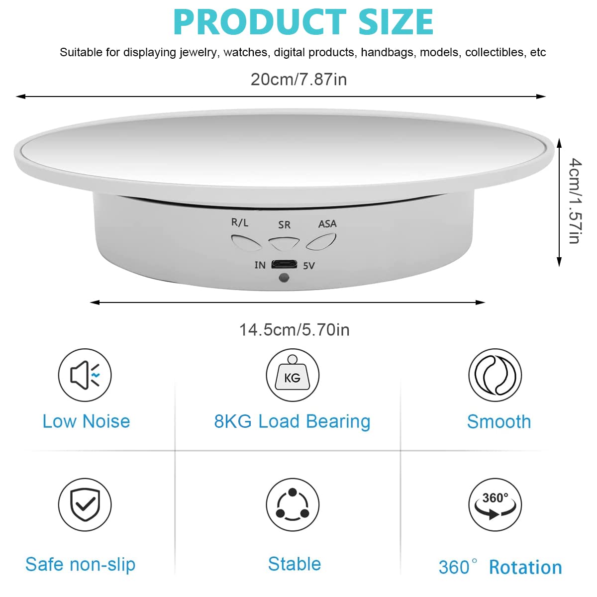 Supvox® 1Pcs Rotating Display Stand with Mirror Finish, USB Charge 360 Degree Rotating Turntable, 20CM/Load 8KG, Multi-Functional Rotary Table for Photography, Jewelry, Cake (Without Battery)