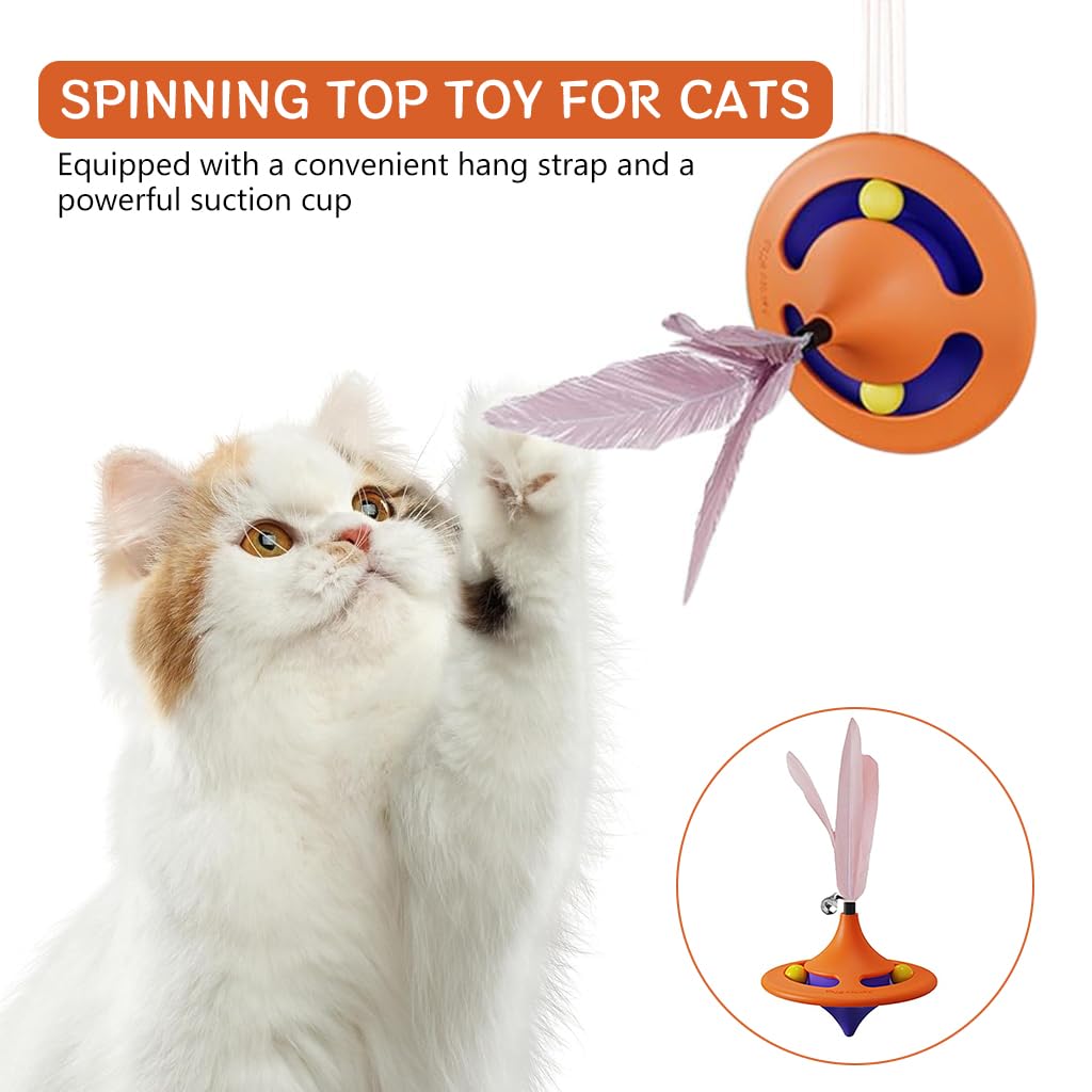 Qpets® Cat Toys for Kids, Interactive Cat Toys for Persian Cat, Cat Toy for Indoor Cats Feather Teasing Toy, Rotatable Spinning Top Cat Turntable Toy with Suction Cup & Hanging Feather