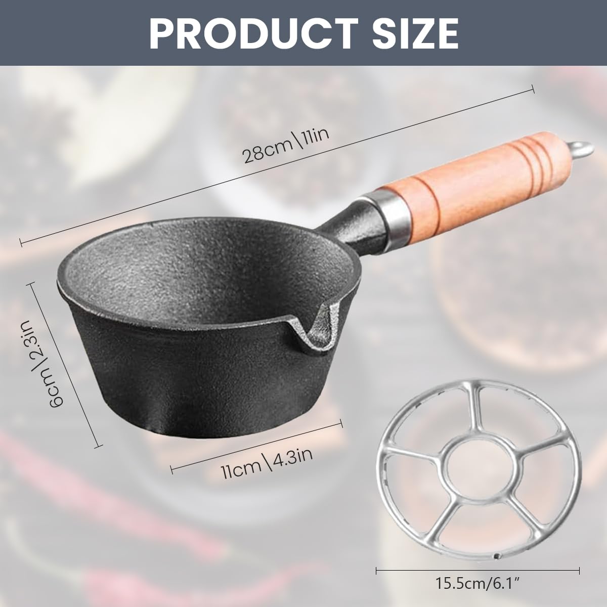 ZIBUYU Mini Cast Iron Pot for Melting Butter and Chocolate 4.3 in with Wooden Handle | Includes Stove Rack