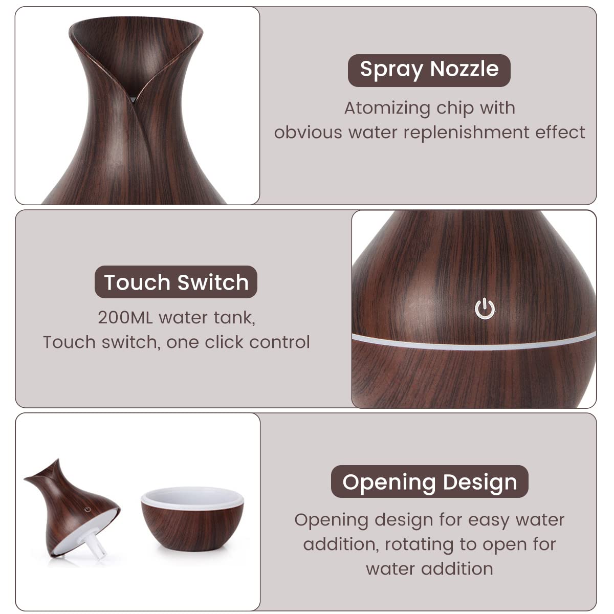 HANNEA Humidifier for Room featuring 7 Color LED Light and Touch Switch | 130ML Wood Grain Vase Design