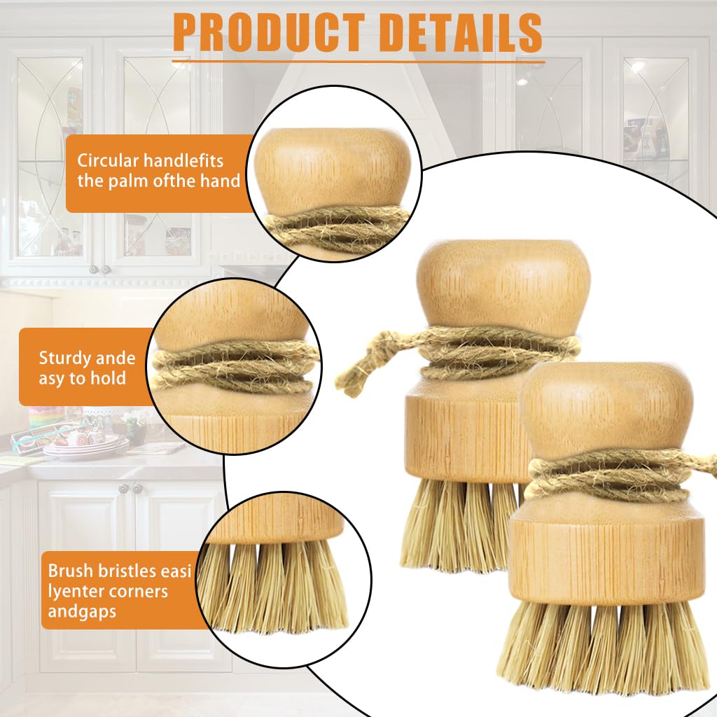 Supvox Bamboo Dish Brush for Pots and Pans with Ergonomic Round Handle | 2Pcs Natural Sisal Bristles