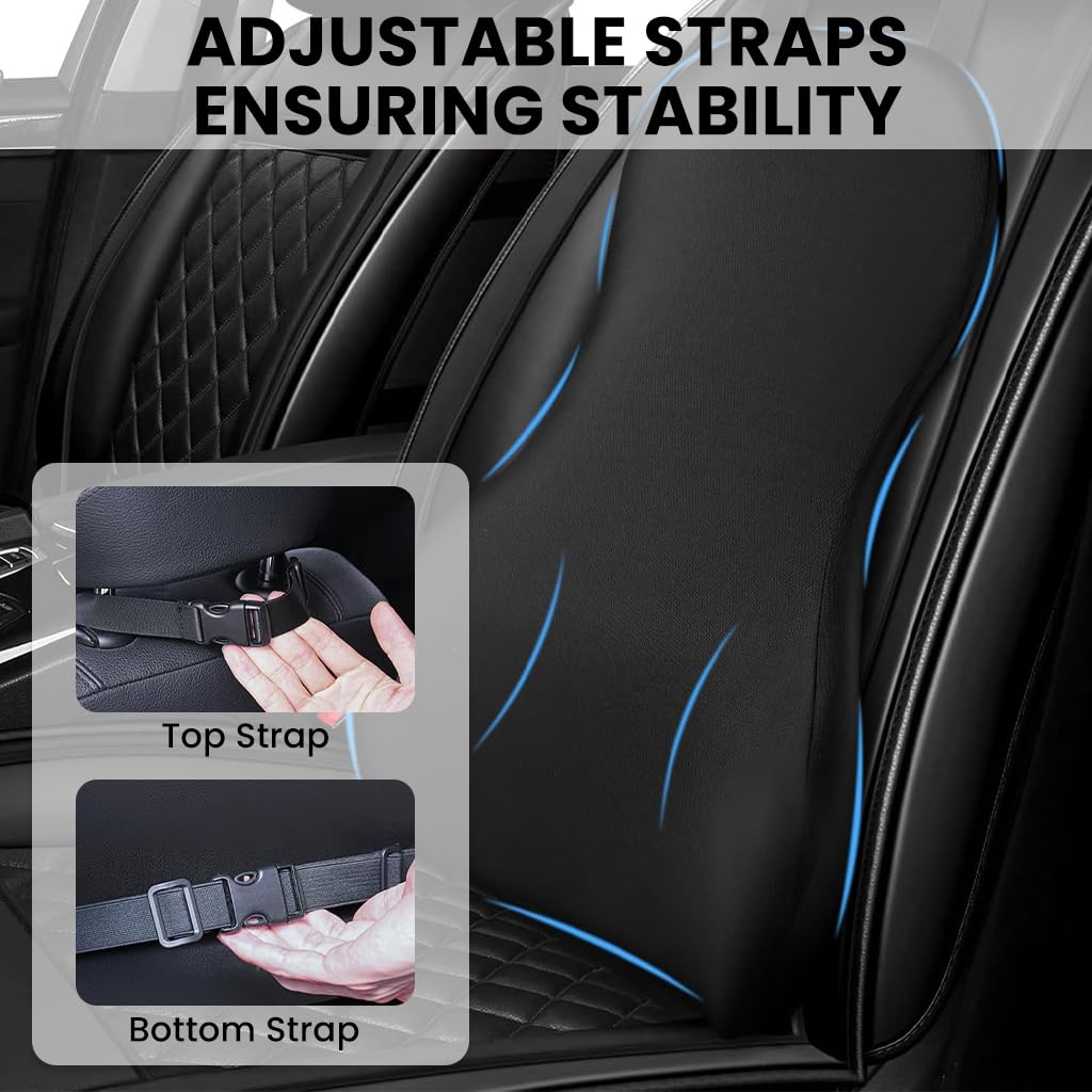 Zibuyu Universal Memory Foam Lumbar Support for Car Seats with Adjustable Double Straps | Ergonomic Back Cushion for Long Drives