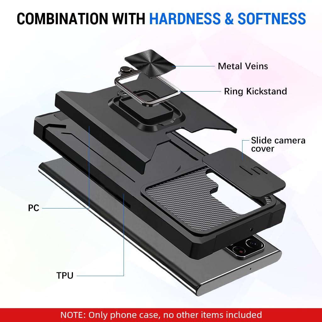 Zibuyu Phone Case for Samsung Galaxy A56 with 360° Ring Holder and Sliding Camera Cover | Black TPU Bumper Protective Cover with Card Slot