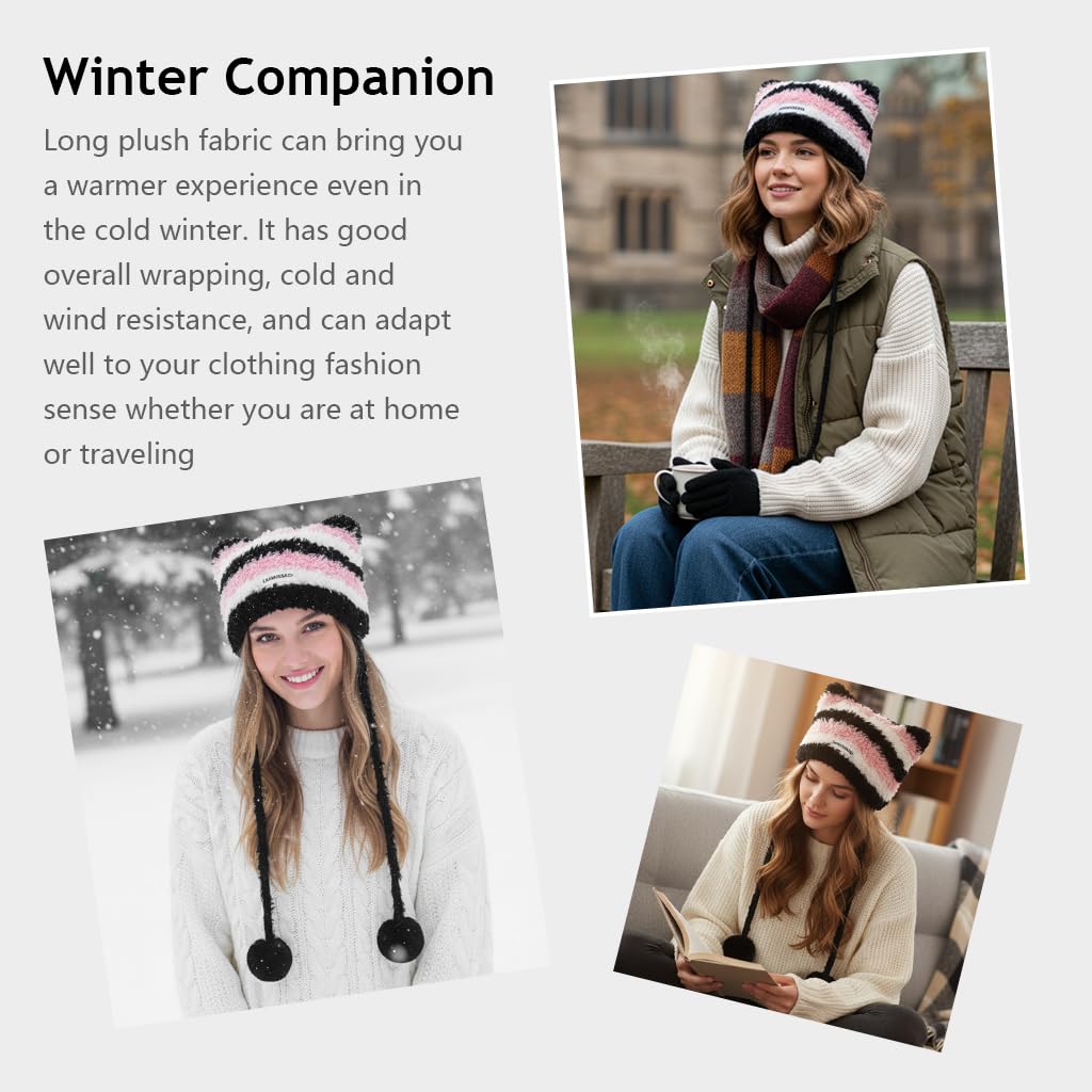 SANNIDHI Winter Cap for Women featuring Cat Ear Plush Knit Design and Pom Pom | Pink and Black Striped Beanie