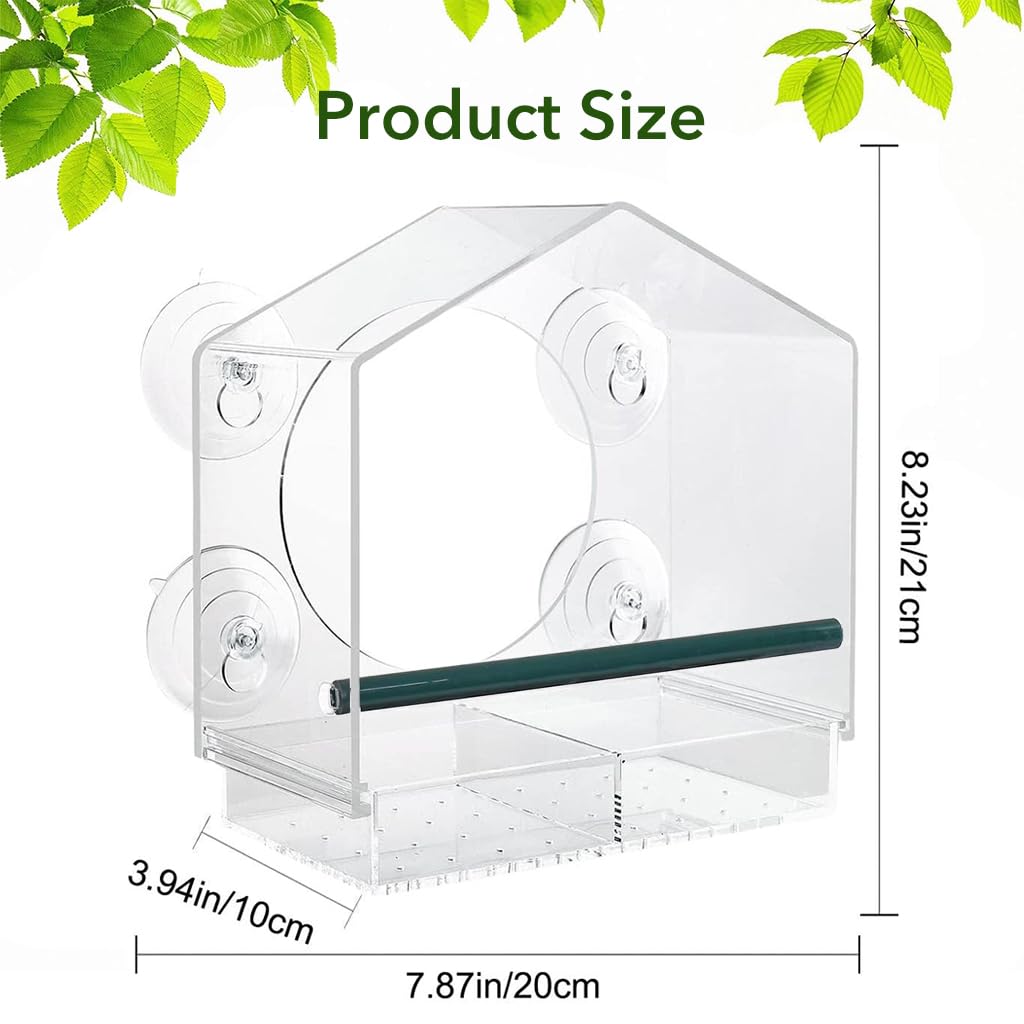 Optifit Bird Feeders for Window Viewing with Dual Compartments and 4 Suction Cups | Clear 21.5x20.5x10cm Acrylic House for Kids