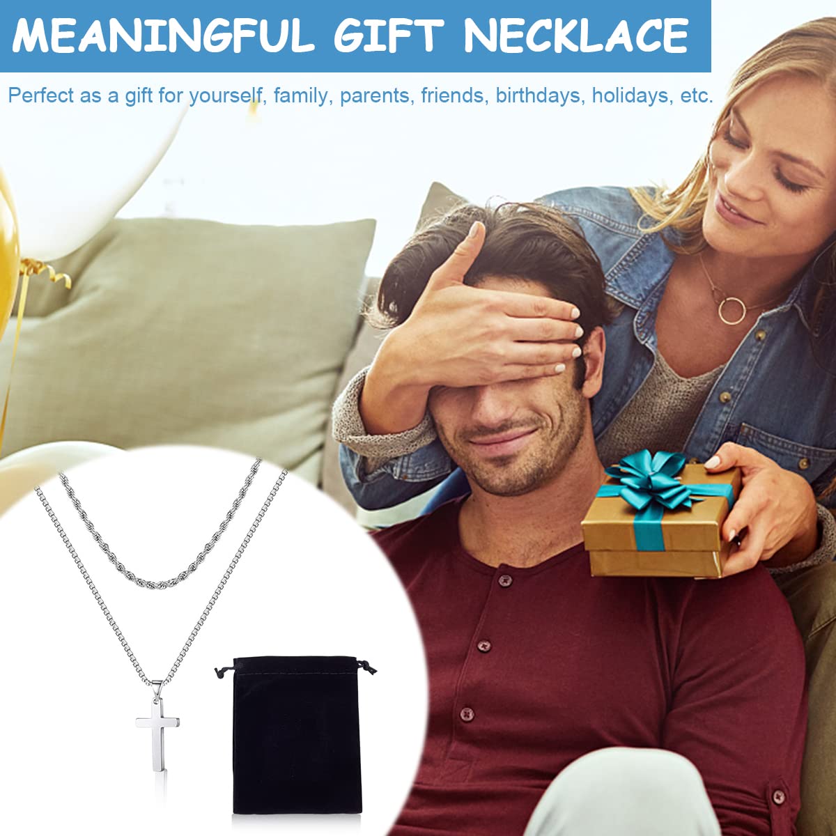 Sannidhi Cross Necklace Set for Men and Women with Double Layered Chain | Titanium Steel 2 Pcs 22.24 in Necklace