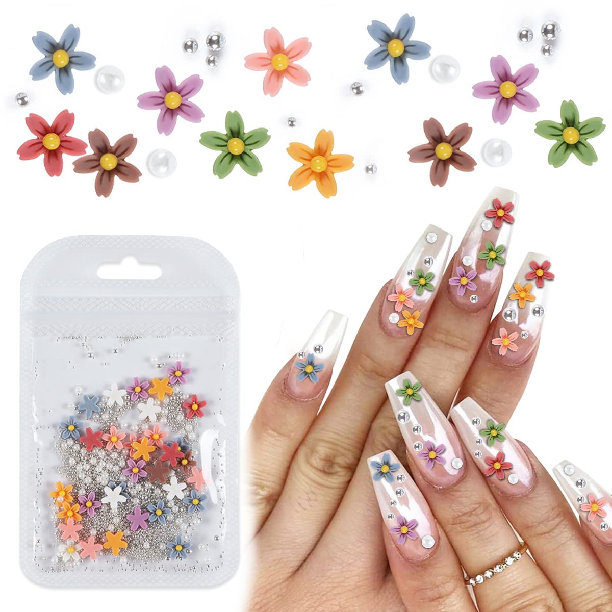 MAYCREATE 3D Flowers for Nail Art Kit with Silver Pearl Beads 8mm Resin Charms for DIY Design