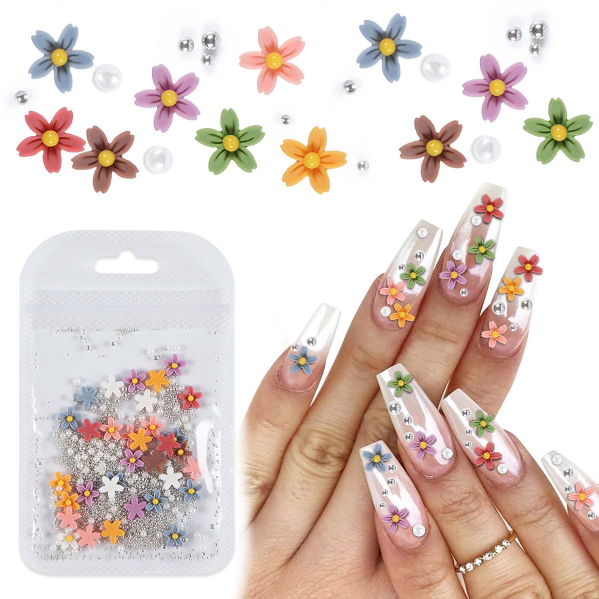 MAYCREATE® 3D Flowers for Nail Art Kit, 3D Acrylic Flower Nail Rhinestones with Silver Pearl Caviar Beads Spring Small Flores Nail Art Design for DIY Decoration