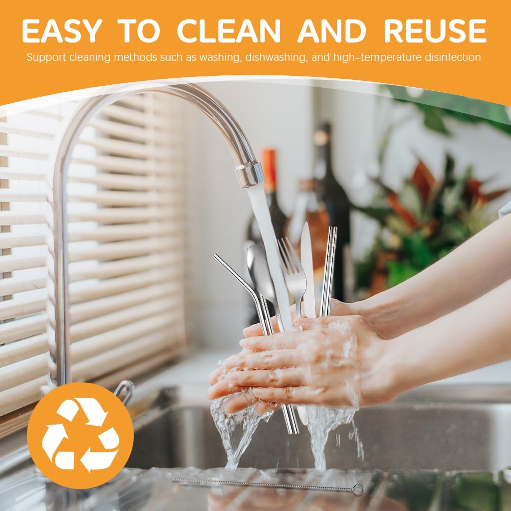 HASTHIP Flatware Set for Travel and Daily Dining with Storage Bag | 7Pcs 304 Stainless Steel Cutlery Featuring Chopsticks and Straw Brush