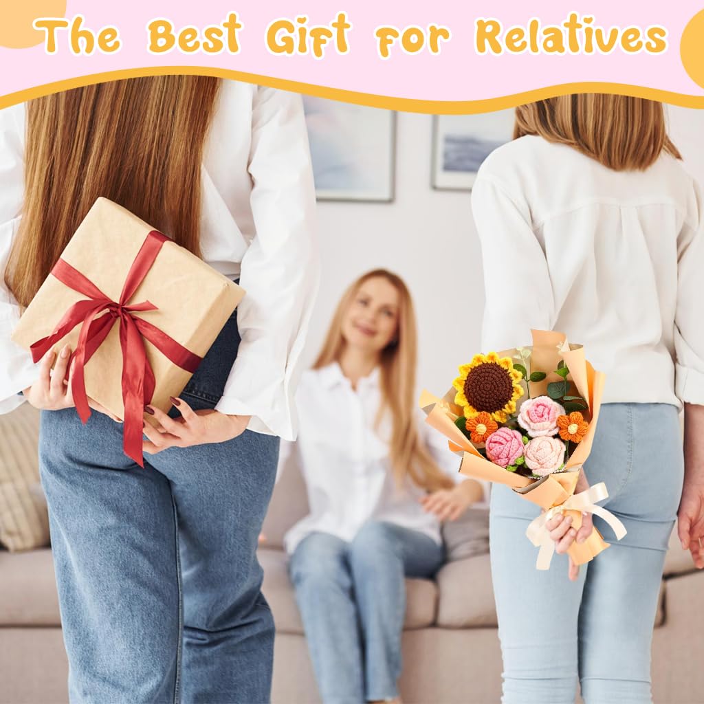 HASTHIP Crochet Flower Bouquet for Desk Decoration with 6 Fabric Sunflowers and Roses | Box Gift for Women