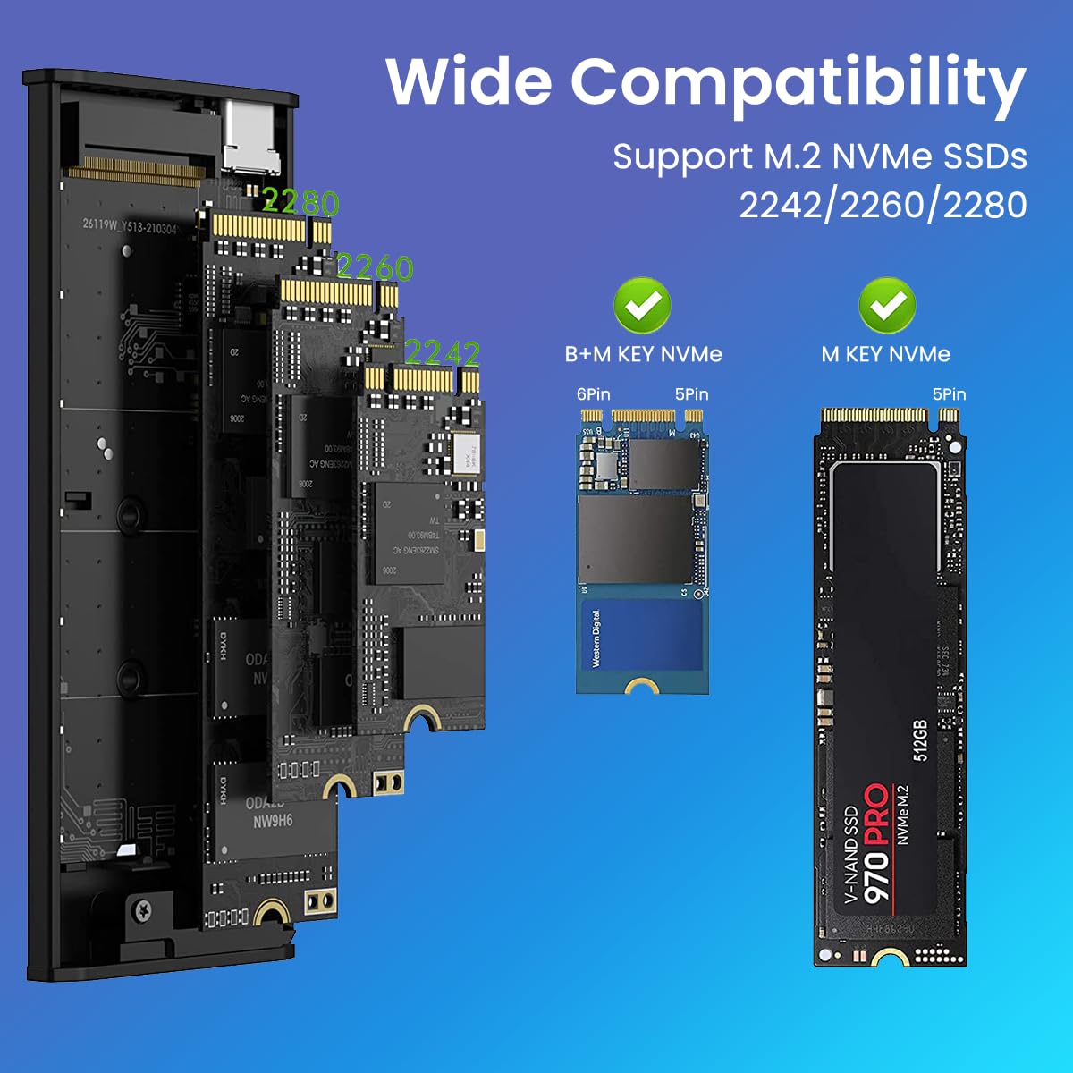 Verilux® M.2 NVMe SSD Enclosure with Type C Cable, USB C External NVMe SSD Enclosure, RGB 10Gbps M.2 NVMe to USB Adapter, USB 3.2 M.2 NVMe Reader Supports M and B & M Keys, Fits 2230 2242 2260 2280