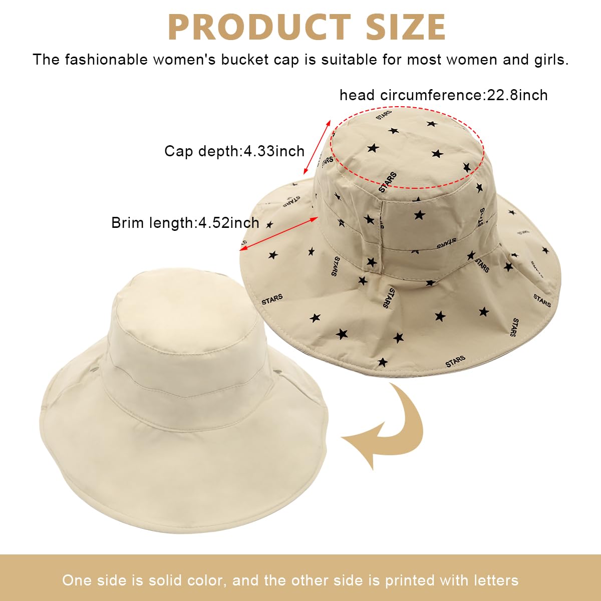 PALAY® Bucket Hat for Women, Wide Brim Sun Hats for Women, Breathable Cotton Beach Hat Reversible Solid Color & Prints Cap for Daily, Travel, Camping, Fishing (Beige)