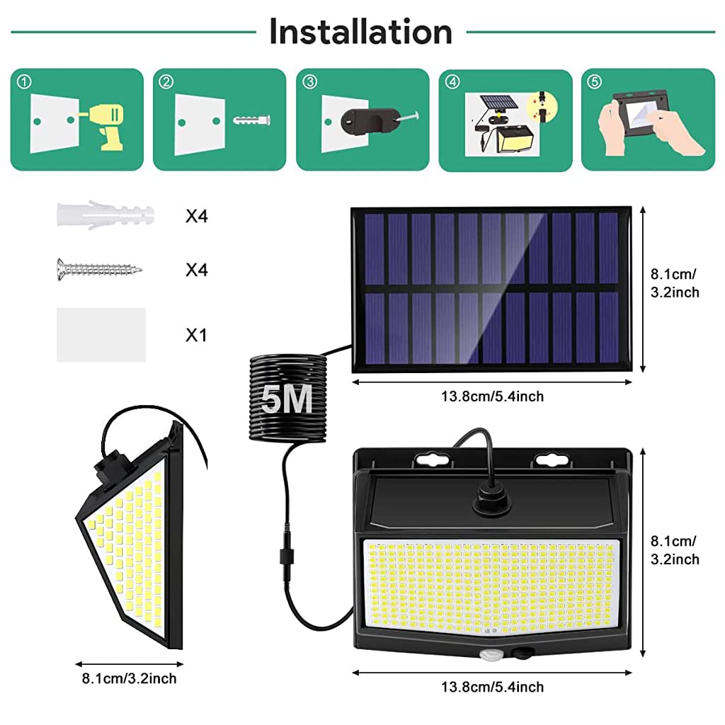 ELEPHANTBOAT® 468 LEDs Solar Light Outdoor Waterproof Solar Motion Sensor Light with 3 Motion Modes Solar Wall Lights for Outdoor with 5 Meter Power Cable Solar Garden Lights