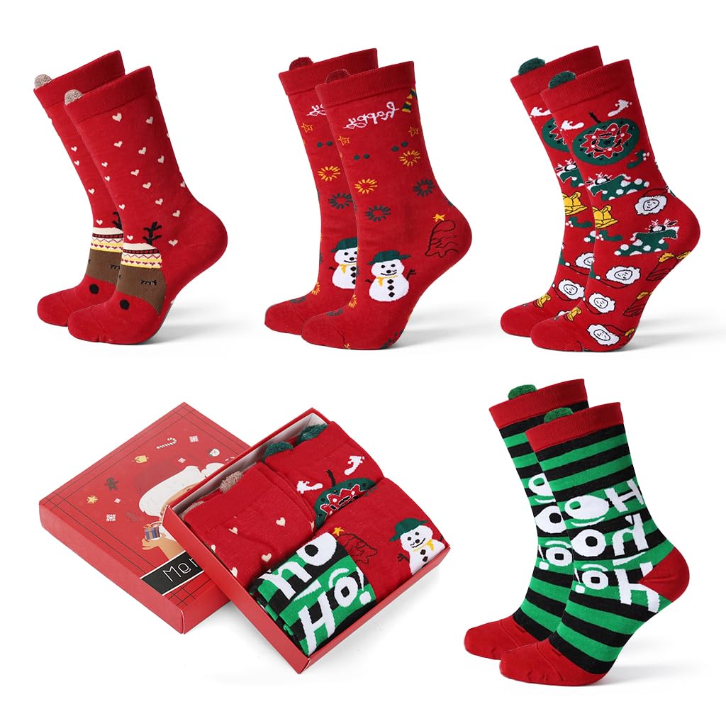 SANNIDHI Christmas Socks Gift Box Set featuring 4 Pairs Cotton Crew Socks for Men and Women