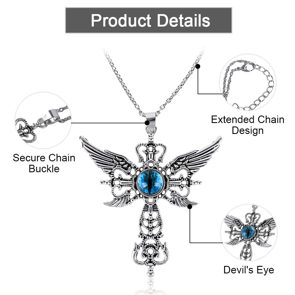 GUSTAVE Necklace for Men with Gothic Cross Pendant and Blue Evil Eye Stone | Silver-Tone Alloy