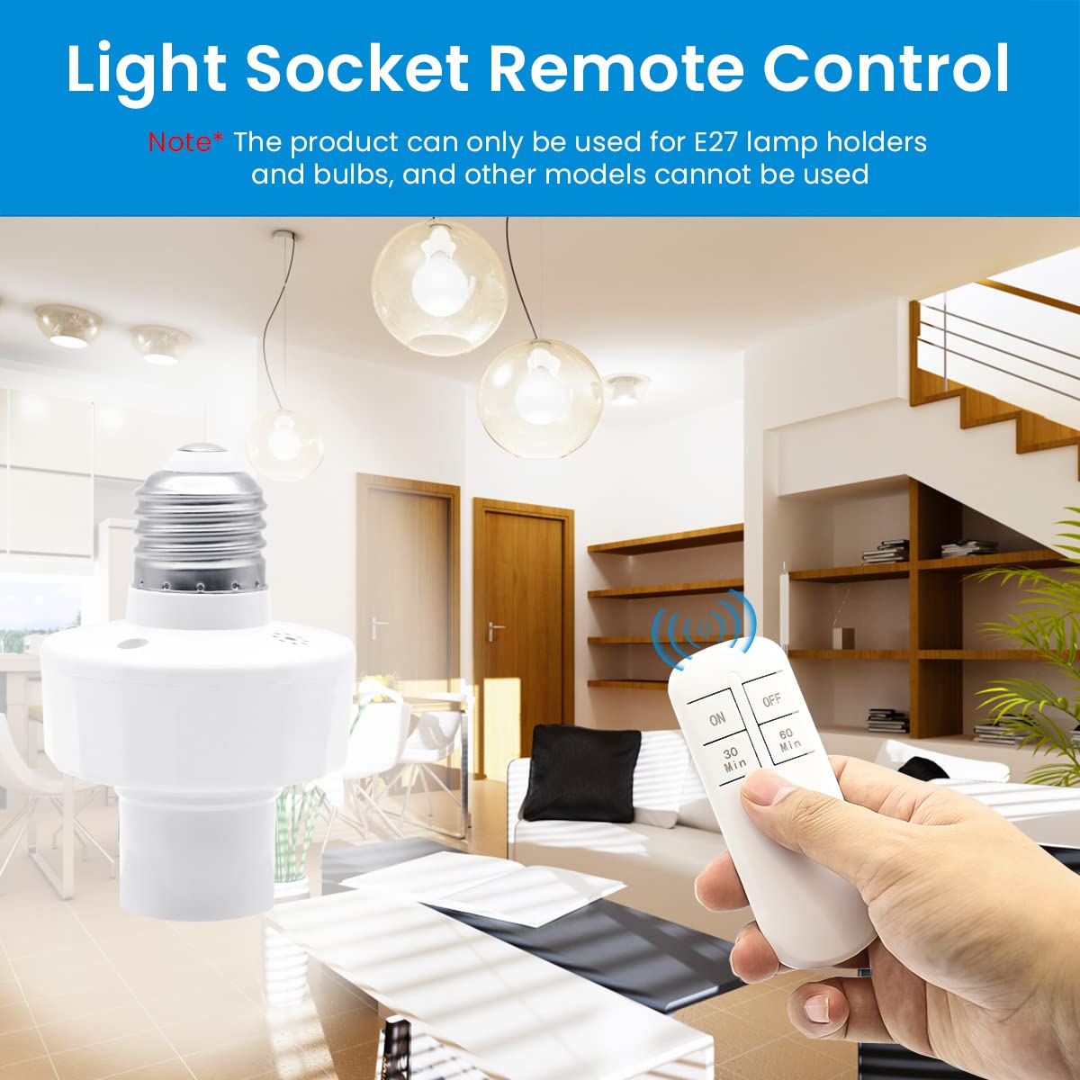 Serplex® Remote Control Bulb Holder with Timer, E27 Smart Light Socket with 30mins/60mins Timing, Wireless Remote Control Light Socket, 100FT Range, Wireless Light Switch Kit for E27 Light Bulb